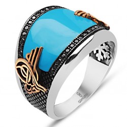 Gumusbox - Turkuaz ve Zirkon Taşlı Tuğralı Gümüş Yüzük