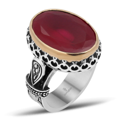 Gumusbox - YAKUT TAŞLI EL İŞÇİLİĞİ 925 AYAR ERKEK GÜMÜŞ YÜZÜK