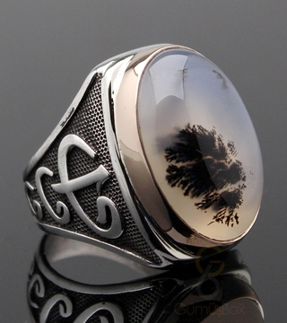 Gumusbox - Yemen Akiği Taşlı Elif Vav İşlemeli Yüzük