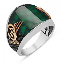 Gumusbox - Yeşil Akik Taşlı Tuğralı Yüzük