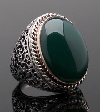 Gumusbox - Yeşil Akik Taşlı İşlemeli Erkek Yüzük