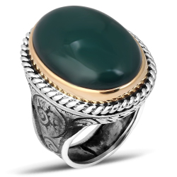 Gumusbox - YEŞİL AKİK TAŞLI ÖZEL TASARIM GÜMÜŞ ERKEK YÜZÜK