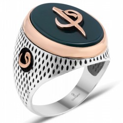 Gumusbox - YEŞİL AKİK ÜZERİNE ELİF VAV GÜMÜŞ YÜZÜK