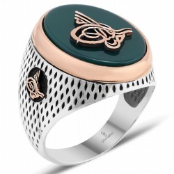 Gumusbox - YEŞİL AKİK ÜZERİNE TUĞRA GÜMÜŞ YÜZÜK