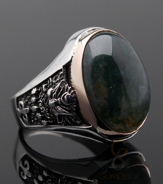 Gumusbox - Yosunlu Agat Taşlı Devlet Armalı Yüzük