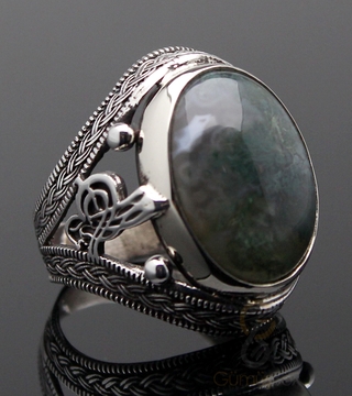 Gumusbox - Yosunlu Agat Taşlı Tuğralı Gümüş Yüzük