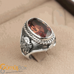 Gumusbox - ZULTANİT TAŞLI OSMANLI DEVLET ARMASI MOTİFLİ GÜMÜŞ ERKEK YÜZÜK